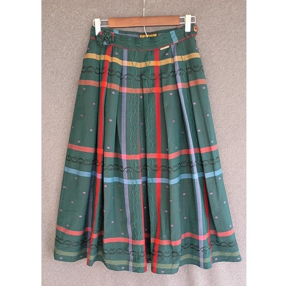 geiger Dresses & Skirts - Vintage Geiger Green Plaid Boiled Wool Midi Skirt Rosette Embroidered Size 36 S